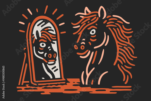 Unique Horse Illustration Reflecting in a Mirror on Dark Background