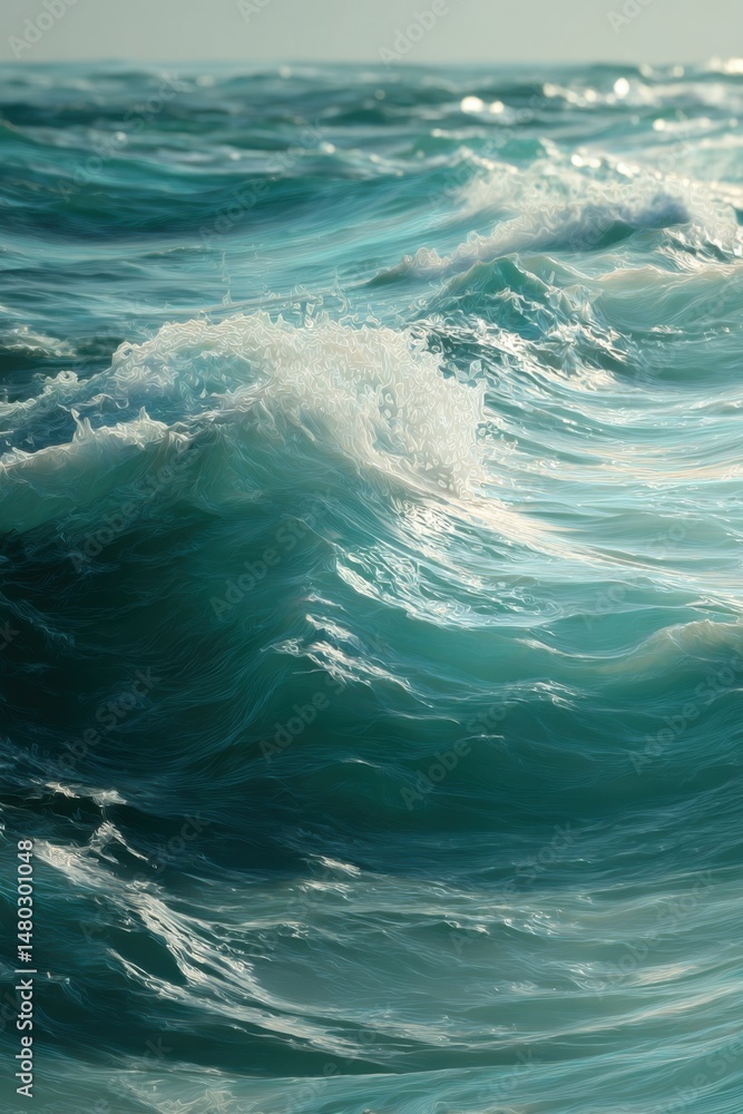 Fototapeta premium Ocean waves rolling in sunlight, turquoise sea water, dynamic seascape, vertical shot, nature photography, summer vacation, coastal scene, tranquil atmosphere