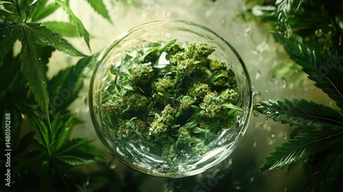 A clear glass bowl filled with large, densely packed cannabis buds featuring a mix of green and orange hues, sitting against a white background.