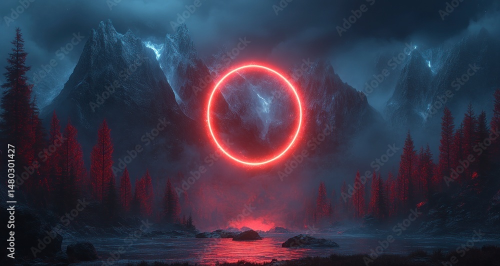 Fototapeta premium Misty mountain scene with a radiant red circle