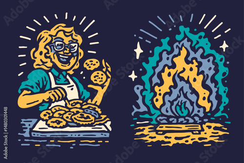 Humorous Illustration of Baking Mishaps with Cookies and Flames
