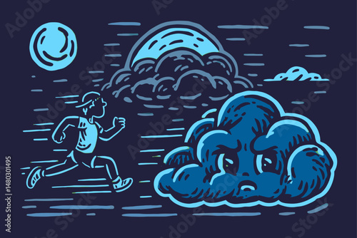 Runner Embracing Night Sky with Clouds and Moon Illustration