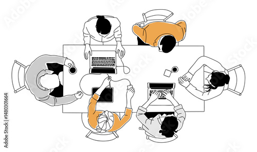 Creative business team working together around table with laptops, tablets, coffee. Sketch style vector illustration, top view of brainstorming, teamwork, meeting, and collaboration scene