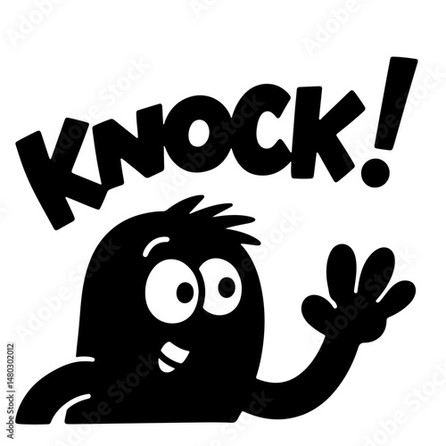 Knock! A playful black monster waves hello.  Vector illustration.