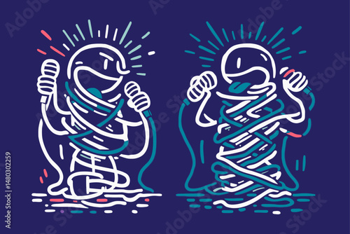 Quirky Illustration of Characters Singing with Colorful Lines