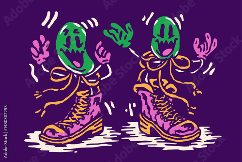 Colorful Illustration of Whimsical Characters with Fun Shoes Design