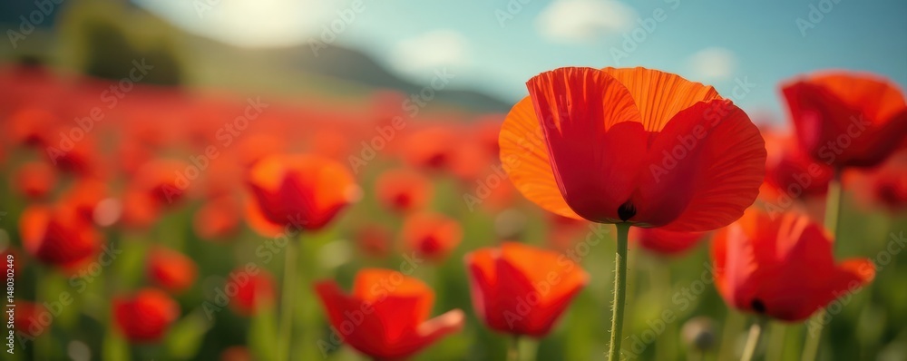 Fototapeta premium Close-up poppy, intense color, clean backdrop , summer, texture, design