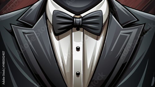 A close-up of a sleek black tuxedo with a perfectly tied bow tie captures the essence of timeless elegance. The fine texture of the fabric and the sharp lines of the lapel exude sophistication.

