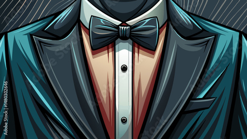 A close-up of a sleek black tuxedo with a perfectly tied bow tie captures the essence of timeless elegance. The fine texture of the fabric and the sharp lines of the lapel exude sophistication.

