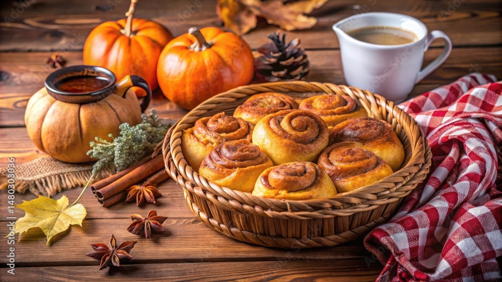 A Rustic Autumnal Table Setting with Freshly Baked Cinnamon Rolls, Pumpkins, and a Warm Drink A Rustic Autumnal Table Setting with Freshly Baked Cinnamon Rolls, Pumpkins, and a Warm Drink