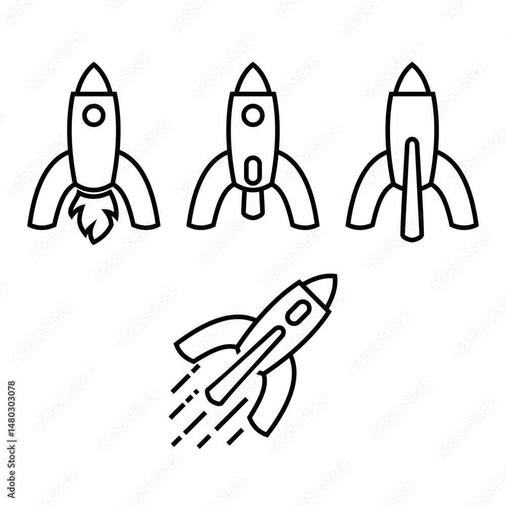 Rocket Icons Collection – Simple Outline Vector Designs including upright and tilted positions, ideal for UI elements, infographics, and creative digital designs. Rocket Icons Collection – Simple Outline Vector Designs including upright and tilted positions, ideal for UI elements, infographics, and creative digital designs.