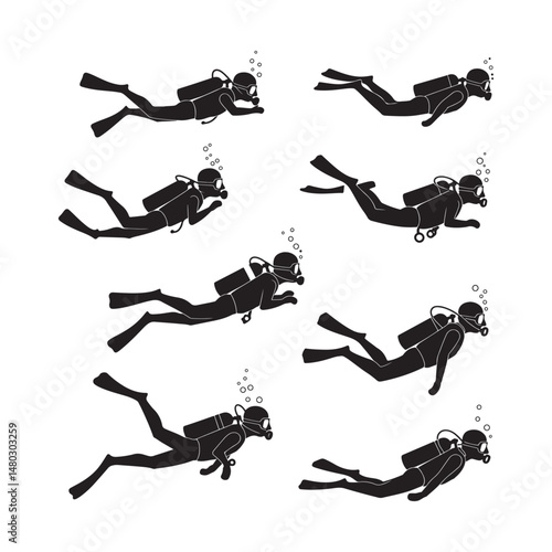 Scuba Divers Swimming in Ocean Water Vector Illustration