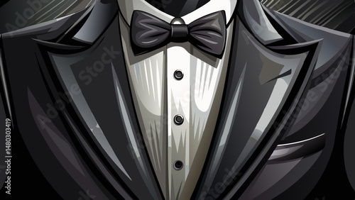 A close-up of a sleek black tuxedo with a perfectly tied bow tie captures the essence of timeless elegance. The fine texture of the fabric and the sharp lines of the lapel exude sophistication.

