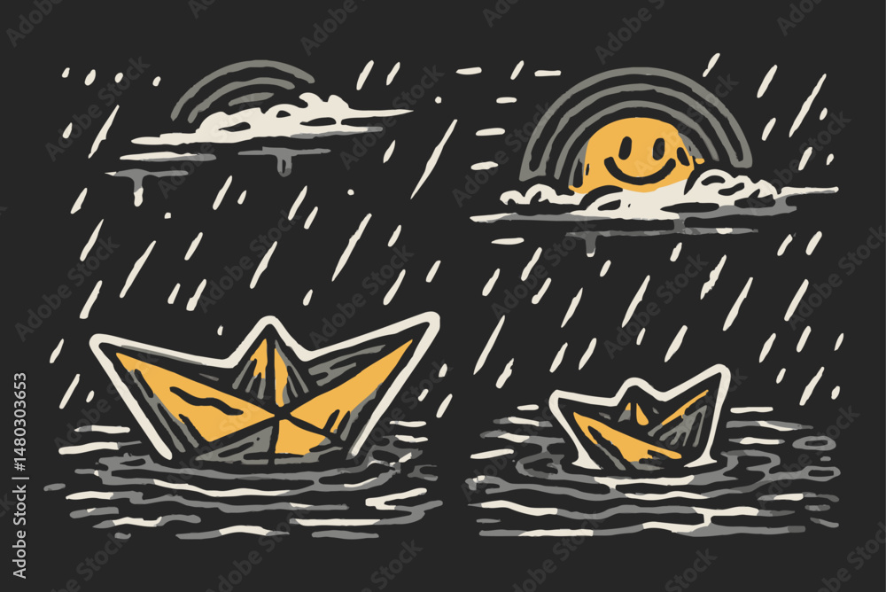 Obraz premium Hand-Drawn Illustration of Boats and Sunny Sky with Rain