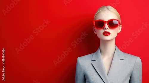 Stylish Woman in Red Sunglasses Against Red Background