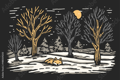 Cozy Fox in Winter Landscape with Trees and Moon Illustration