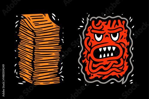 Playful Cartoon Style Illustration of Monster and Stack of Shapes