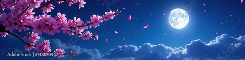 Moonlit cherry blossoms, delicate branches silhouetted against night sky, twilight, design, moon