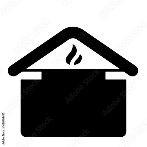 Simple black house icon with a flame symbol inside, representing a fireplace or heating system. Vector illustration isolated on a white background.