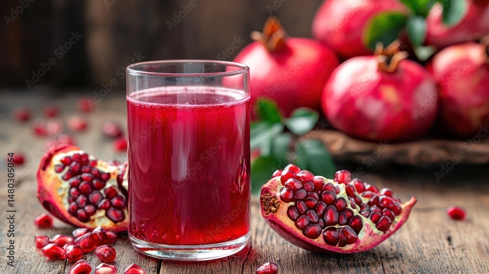 A pomegranate juice glass with whole pomegranates in the background A pomegranate juice glass with whole pomegranates in the background