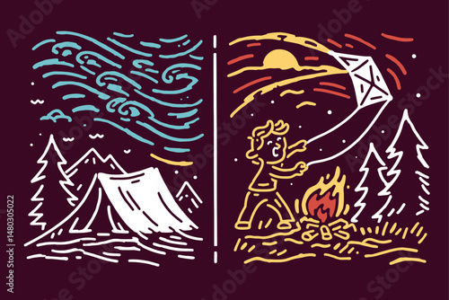 Colorful Illustration of Camping Scene with Kite and Campfire Activities