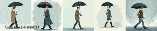 Stylish Men Walking in Rain with Umbrellas – Vector Illustration of Elegant Male Fashion in Rainy Weather