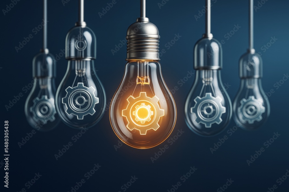 Glowing light bulb with gear symbol among others on dark background symbolizing innovation and creative business ideas. Ai generative. Glowing light bulb with gear symbol among others on dark background symbolizing innovation and creative business ideas. Ai generative.