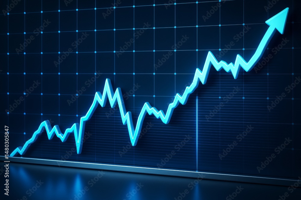 Naklejka premium Glowing blue upward graph chart with arrow on dark grid background symbolizing financial growth and success in business concept.