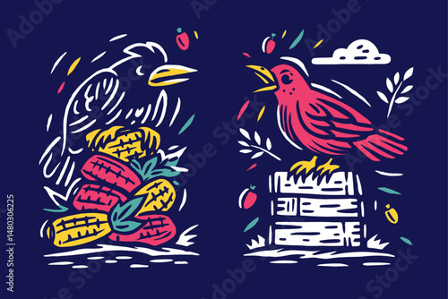 Colorful Bird and Corn Illustration on Dark Background