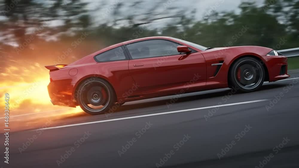 Sports Car Drifting with Flames Slow Motion on Asphalt Road Sports Car Drifting with Flames Slow Motion on Asphalt Road
