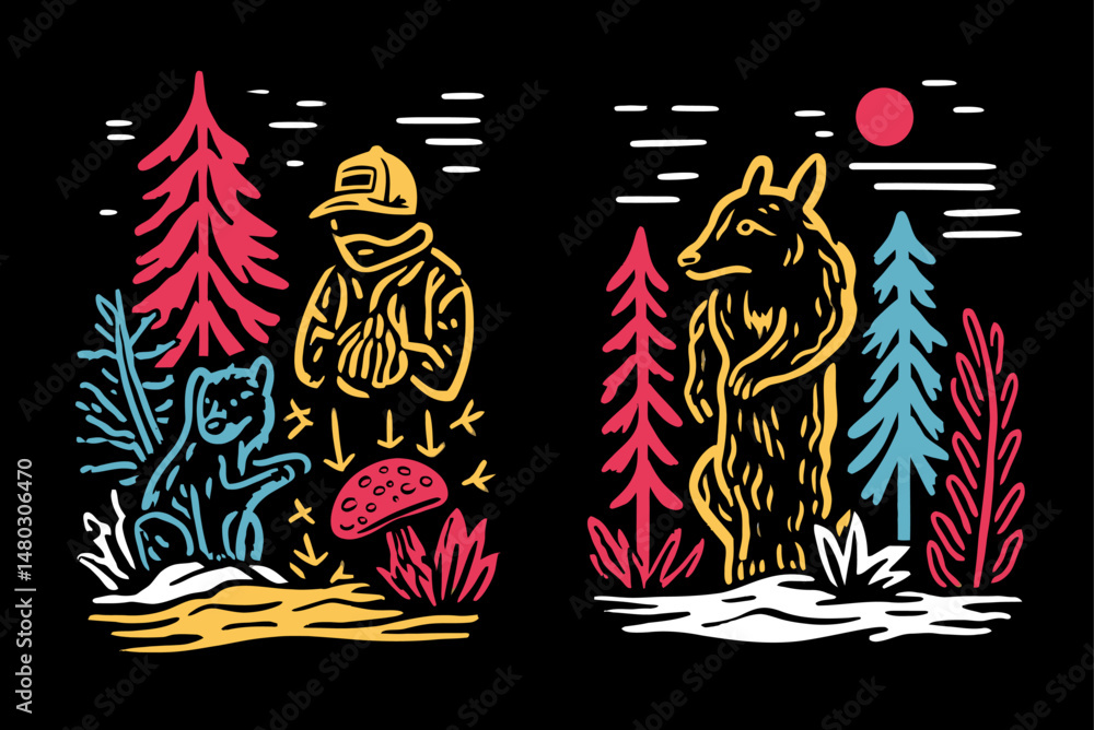 Obraz premium Colorful Hand-Drawn Wilderness Illustration Featuring Animals and Nature