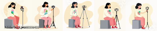 Cartoon Young Woman Content Creator Sitting and Recording Video with Smartphone on Tripod – Female Vlogger Concept for Social Media, YouTube, and Influencer Lifestyle