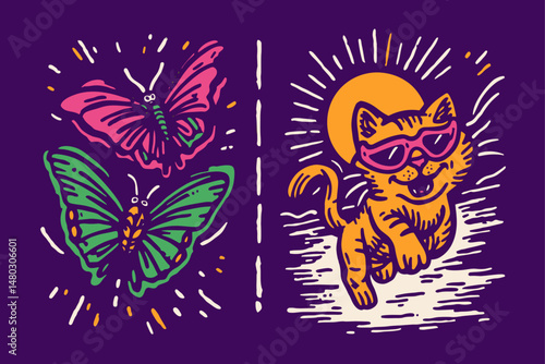 Vibrant Illustration of Butterflies and a Playful Sunglasses Cat