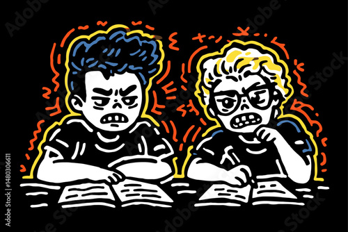 Two Angry Characters Sharing a Book in Colorful Cartoon Style
