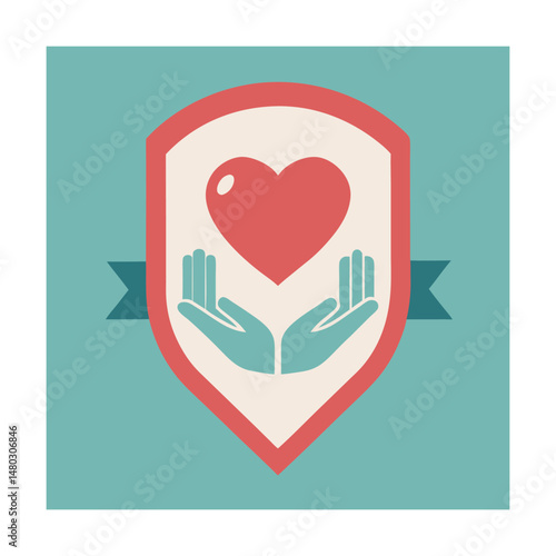 Heart symbol held in hands charity and love badge icon design on teal background