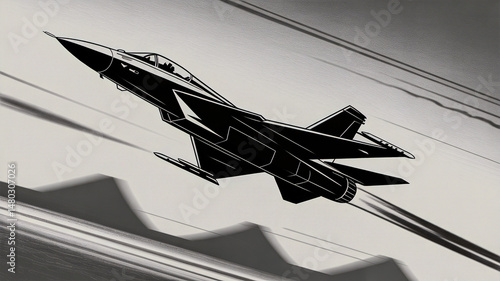 Fighter jet blackened and livid military aircraft illustration 