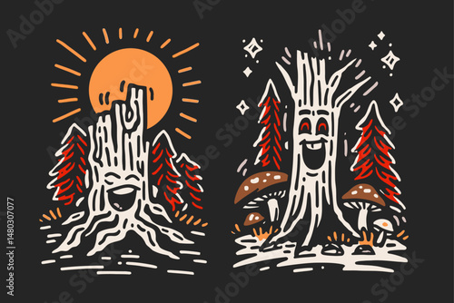Whimsical Forest Illustration Featuring Playful Tree Characters