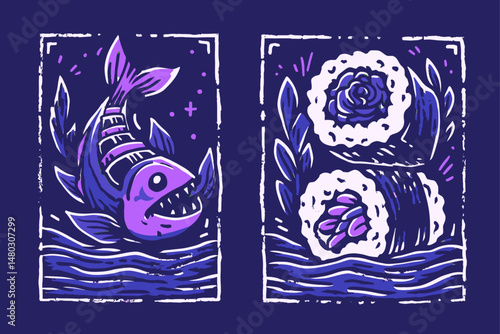 Colorful Cartoon Shark and Sushi Roll Illustration for Apparel Design