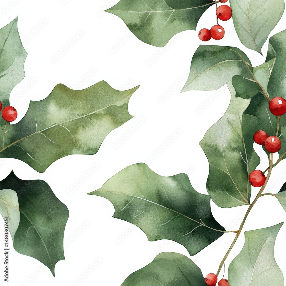 Fototapeta premium Lush Green Holly Leaves and Bright Red Berries in a Elegant Floral Design for Seasonal Decor and Crafts