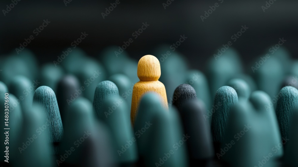 Fototapeta premium Yellow wooden figure stands out among dark green figures in abstract representation of individuality and uniqueness