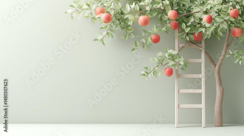Serene apple tree with ripe fruit and wooden ladder against soft green background
