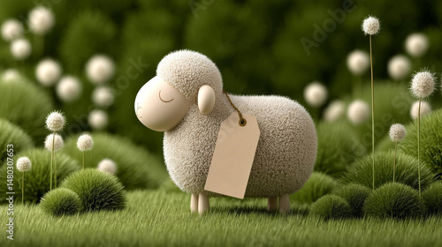 Fluffy sheep figurine in grassy field with soft flowers, evoking serene atmosphere