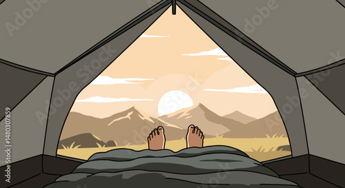 Person relaxing in a tent while watching the sunrise over mountains  
