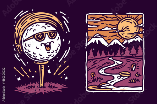 Playful Golf Ball Character in Sunglasses with Scenic Landscape Illustration
