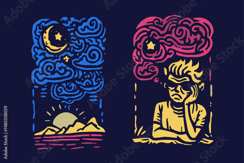 Colorful Illustrative Drawing of Nature and Thoughtful Character