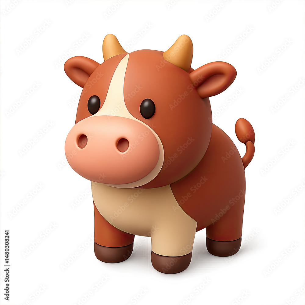 Naklejka premium Adorable Brown Cartoon Cow 3D Render Illustration