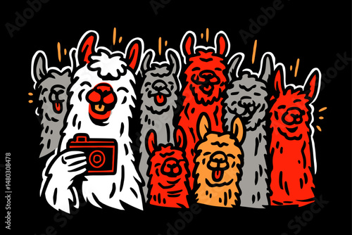 Fun Illustration of Llamas Posing Together with a Camera