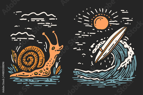 Artistic Snail and Surfboard Illustration on Dark Background