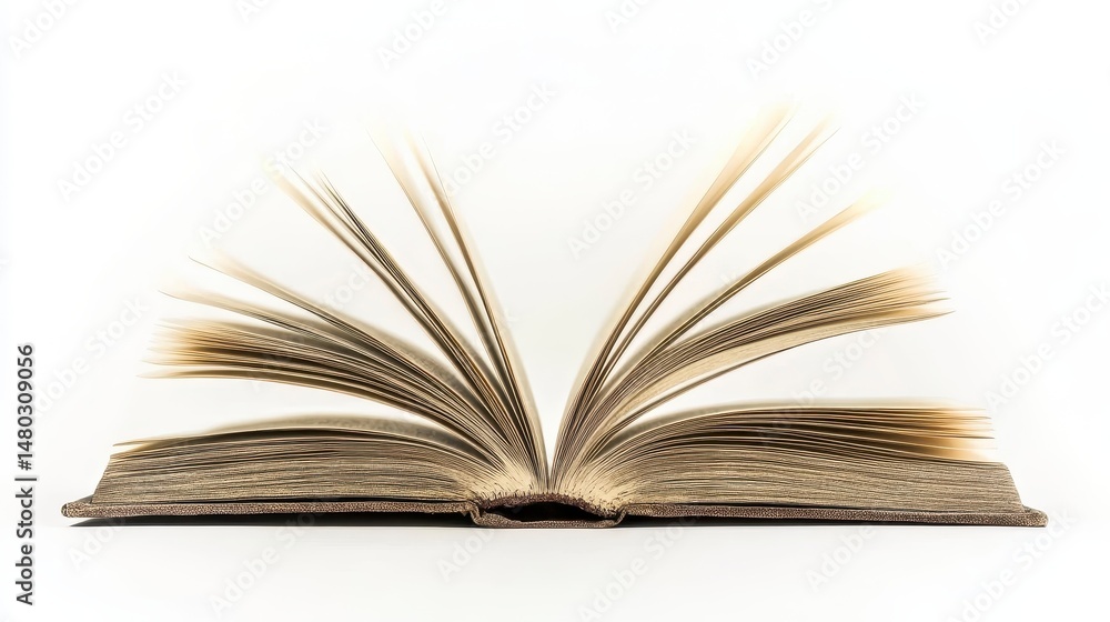 Fototapeta premium Open book with pages fanned out, isolated on white background.