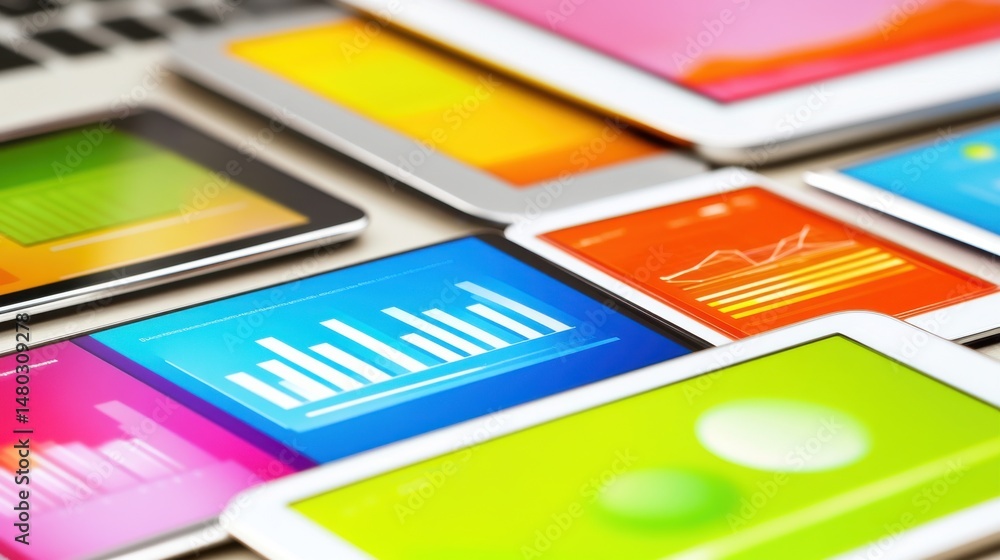 Obraz premium Colorful Tablets Displaying Data Visualization and Analytics Concepts
